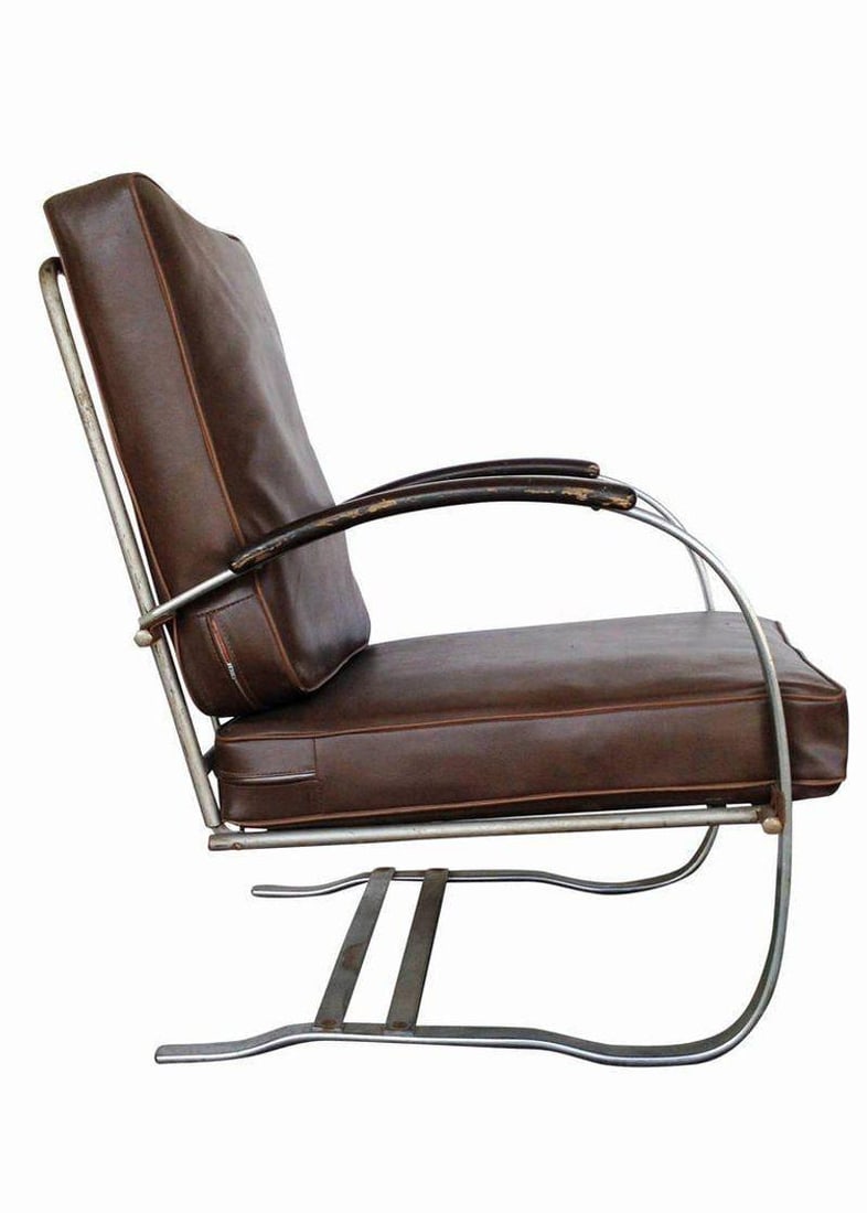 Wolfgang Hoffmann Springer Chair for Howell - A Pair: A pair of Wolfgang Hoffmann Art Deco chrome and wood springer lounge chairs for Howell furniture, these chairs consist of a chromed flat iron frame that seamlessly forms to shape the legs, arms and ba