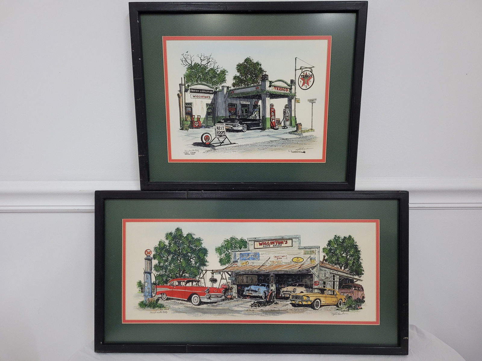 Vintage Houston Wigginton Hand Water Color Print Signed Texaco Gas Station Antique Cars Vintage Shop: Vintage from the 1990s Materials: glass, wood Width: 12.5 inches Height: 24 inches Vintage Houston Wigginton Hand Water Color Print Signed Texaco Gas Station Antique Cars Shop Man Cave In good conditi