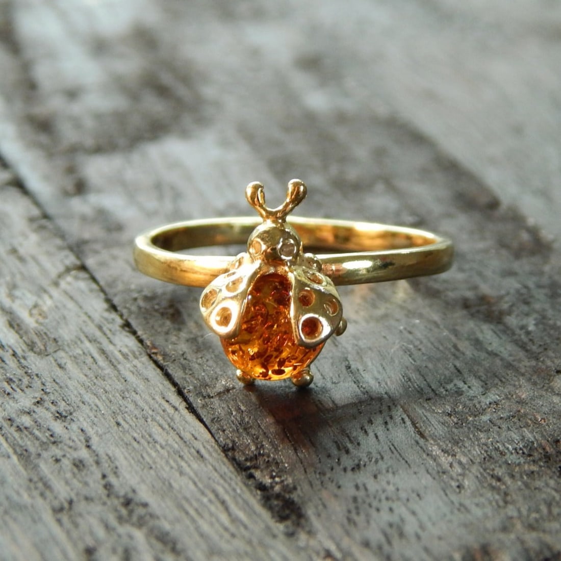 Natural Baltic Cognac Amber 14K Gold Plated Ladybug Ring (1 of 5)