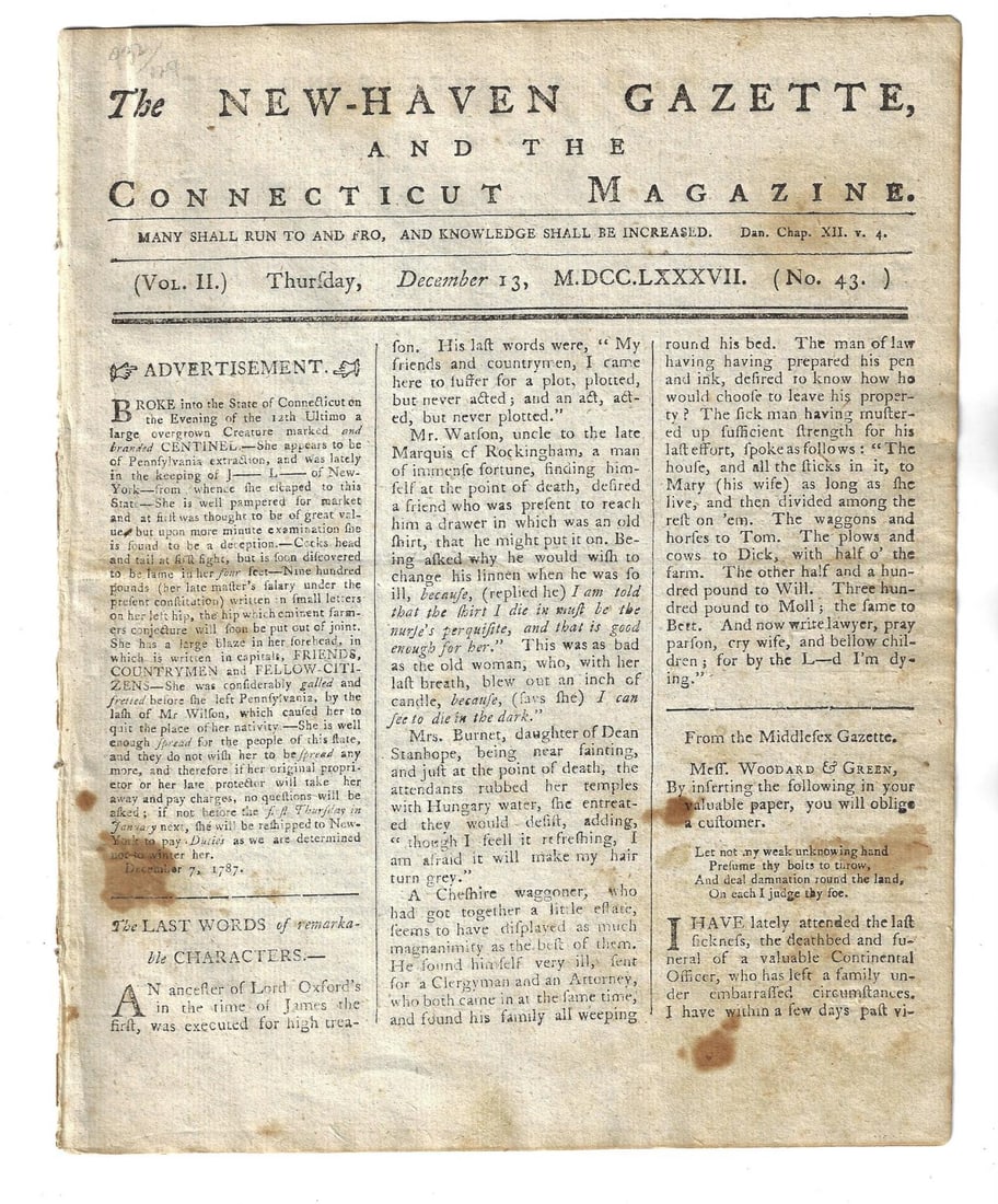 1787 Newspaper Benjamin Franklin on Constitution (1 of 5)