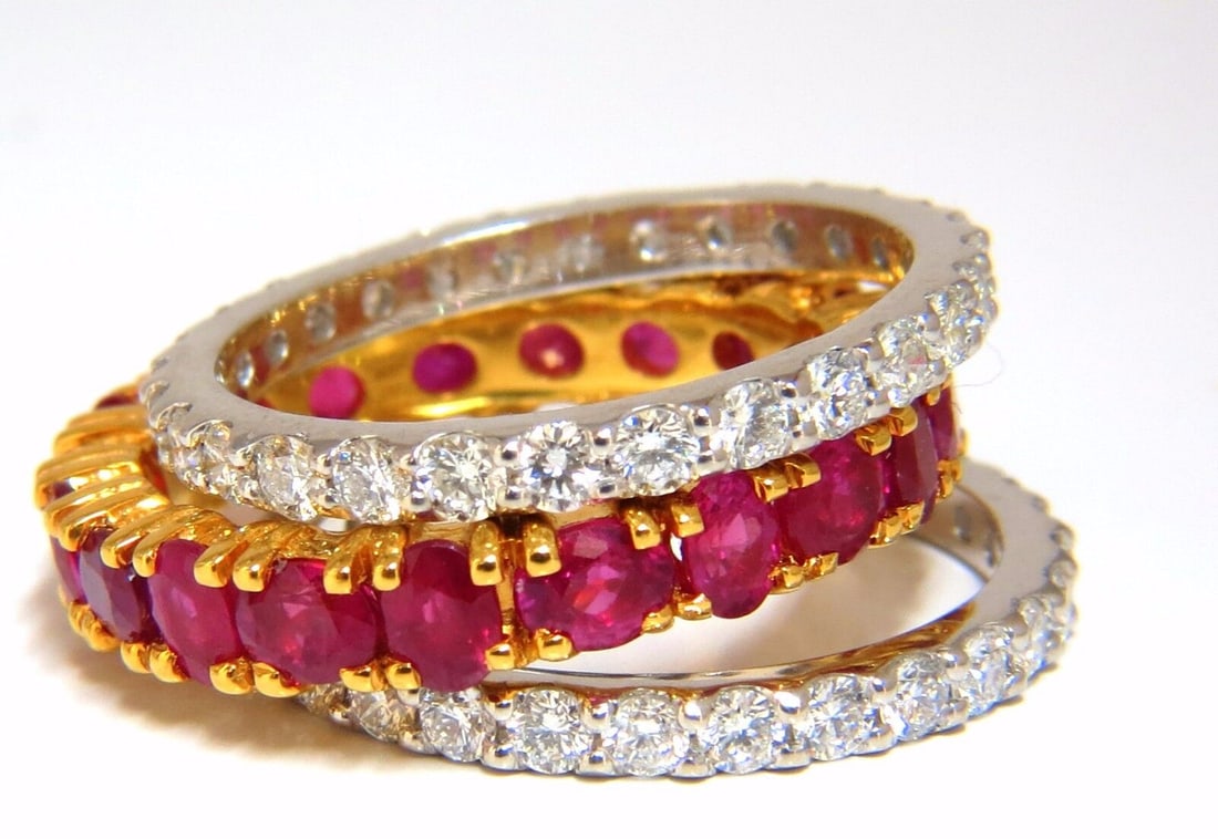 Stackable Ruby Diamonds eternity Ring 14kt Natural Vivid Reds Stacking 7.42ct+: 5.00ct. oval cut Natural Rubies & 2.42ct diamonds stackable rings. Three rings. Rubies: Clean Clarity & full oval cuts. Transparent & Vivid red colors. Average: 3 x 4mm each / 20 count Natural / only