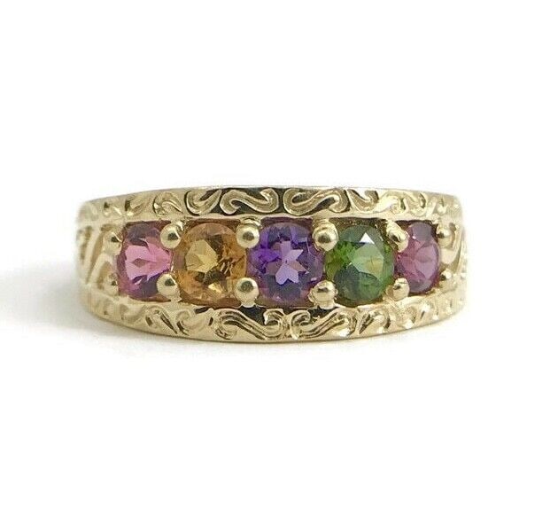 Vintage Amethyst Topaz Multicolored Gemstone Band Ring 14K Yellow Gold, 3.56 Gr (1 of 12)