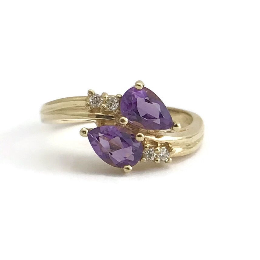 Vintage Pear Purple Amethyst Diamond Statement Ring 14K Yellow Gold, 3.37 Grams (1 of 12)