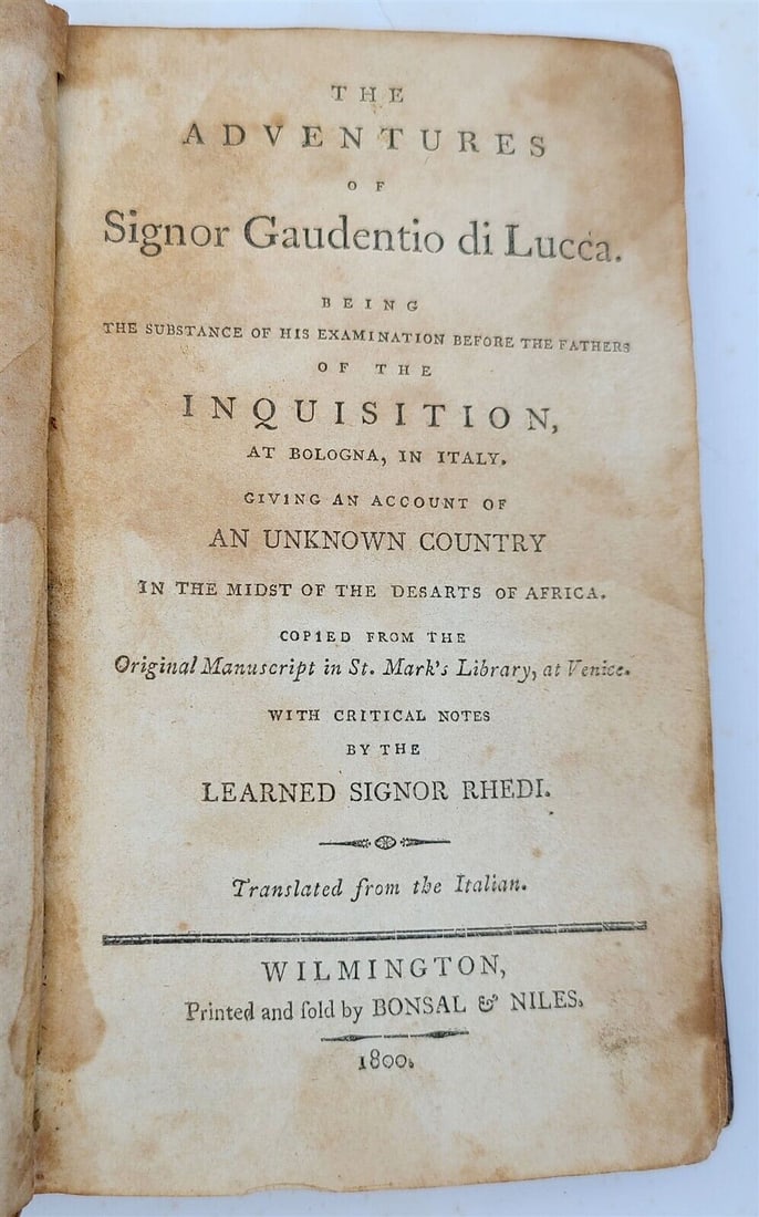 1800 ADVENTURES of Gaudentio di LUCCA in AFRICA antique AMERICANA Wilmington (1 of 4)