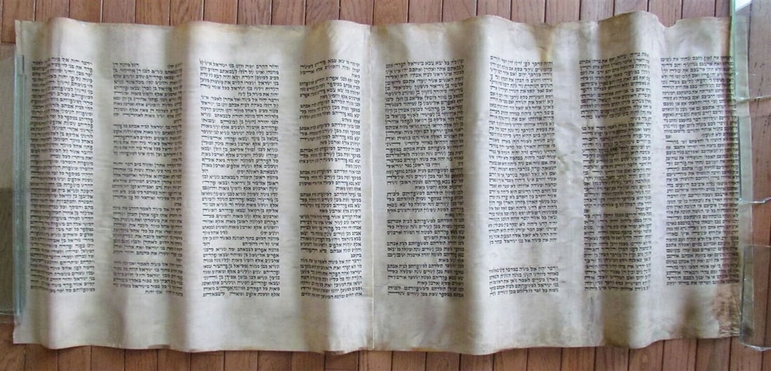 TORAH SCROLL FRAGMENT MANUSCRIPT VELLUM ANTIQUE BIBLE 21.5 by 53" (1 of 8)