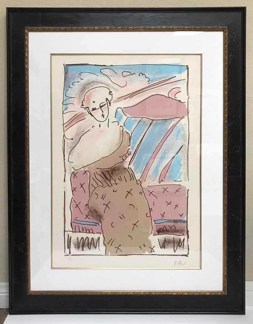 Peter Max Original Serigraph Signed & numbered 1979 framed: Artist: Peter Max Country: Germany - USA Title: Seated Lady Medium: Original Serigraph Marks: pencil signed and numbered 117 / 175 Published: 1979 by AMX, New York Paper Size: Arches 26 x 18 inch Cond