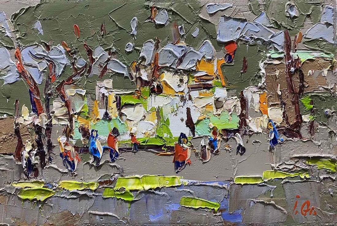 Oil painting In the shadow of the square Alex Kalenyuk: №Kalen 1211 The painting depicts a street scene done in an Abstract Expressionist style using an impasto painting technique where paint is applied in thick layers, creating rich texture and reli