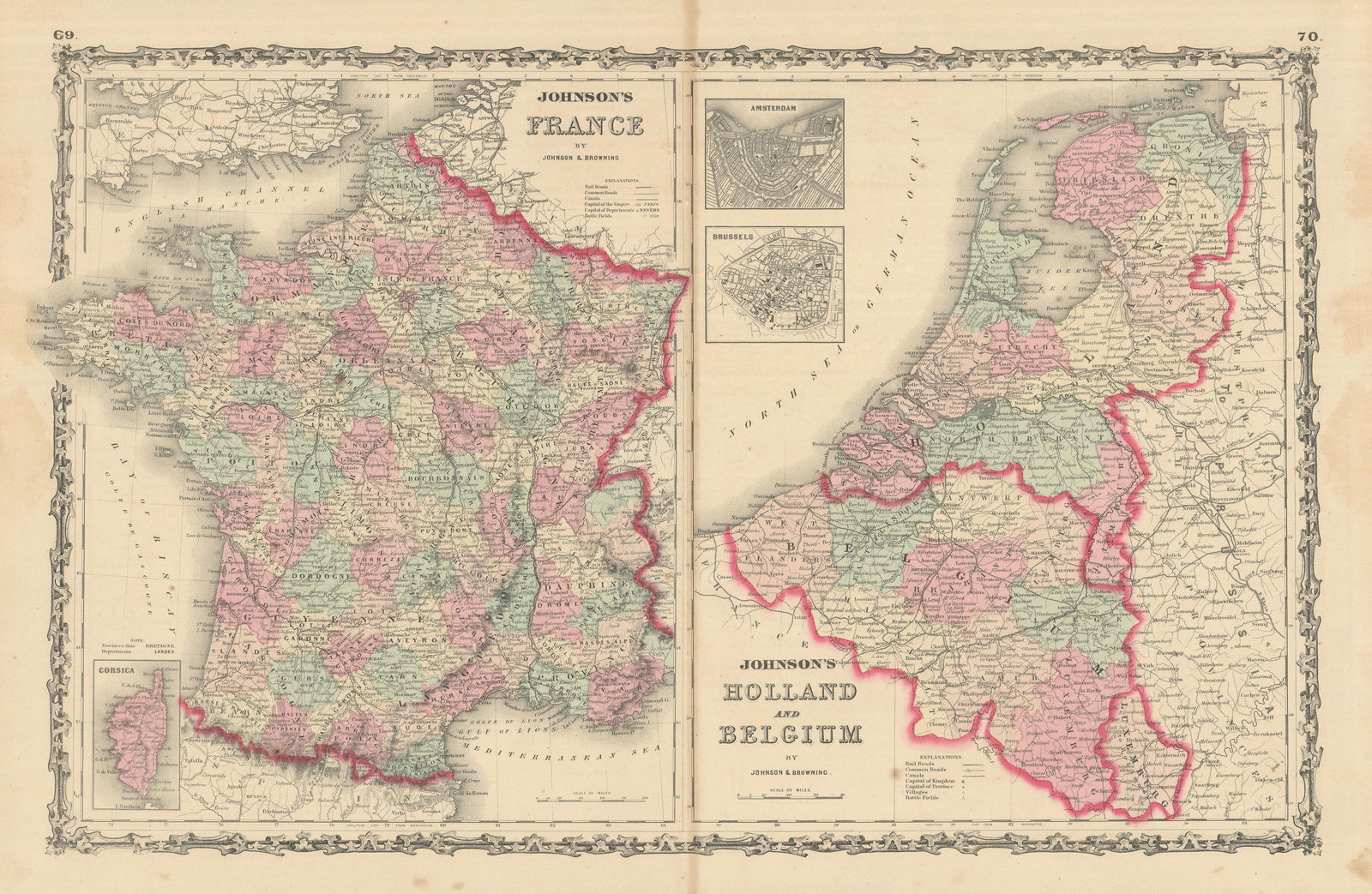 Johnson's France, Holland & Belgium. 2 maps on one sheet. Benelux 1861 old (1 of 1)