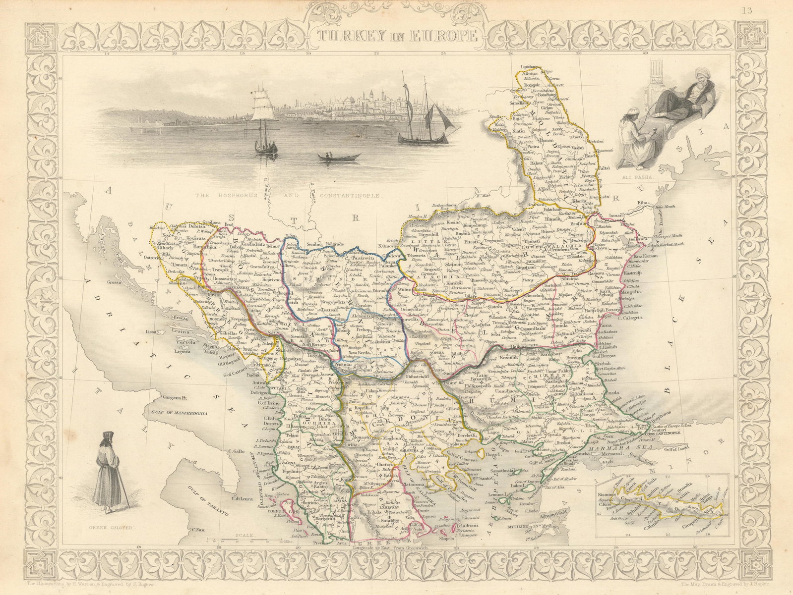 TURKEY IN EUROPE. Constantinople view. Rumilia Balkans. TALLIS & RAPKIN 1851 map: CAPTION PRINTED BELOW PICTURE: 'Turkey in Europe' Vignettes: The Bosphorus and Constantinople; Ali Pasha; Greek Caloyer. The Balkans: Rumilia, Macedonia, Albania, Wallachia, Moldavia, Bulgaria, Servia