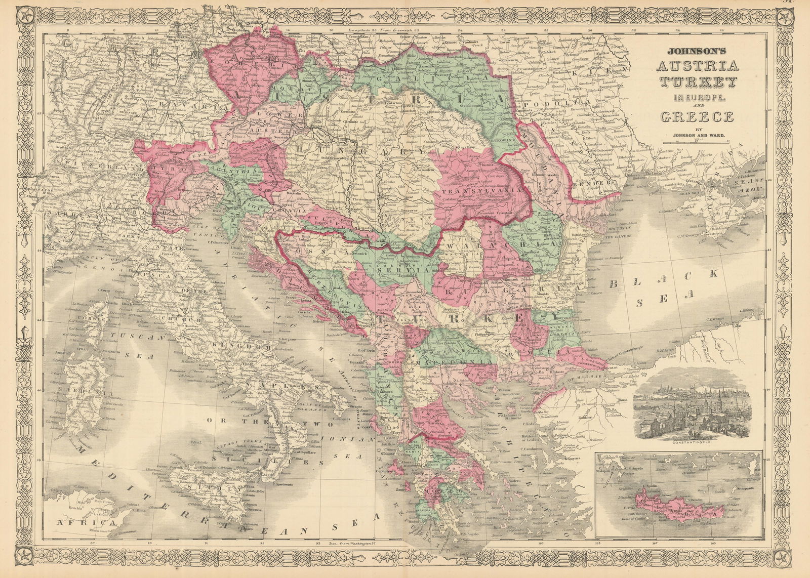 Johnson's Austria, Turkey in Europe and Greece. Balkans Venice 1866 old map (1 of 1)