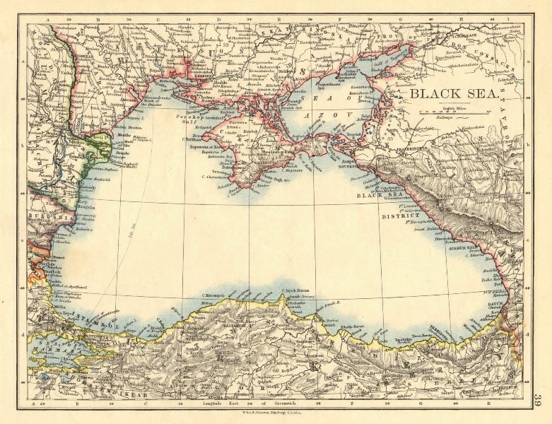 BLACK SEA. Russia Turkey Crimea Romania Bulgaria Kutais. JOHNSTON 1899 old map (1 of 1)