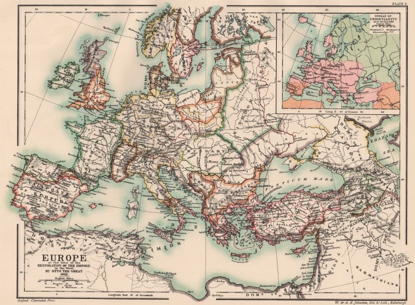 HOLY ROMAN EMPIRE. Europe. Otto the Great 962. Spread of Christianity 1902 map (1 of 1)