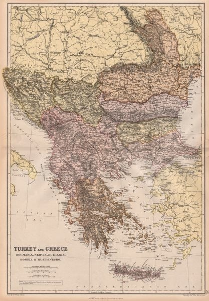 BALKANS.Turkey Greece.Roumelia Bulgaria Wallachia Servia Bulgaria 1882 old map: TITLE/CONTENT OF MAP: 'Turkey and Greece Roumania, Servia, Bulgaria, Bosnia & Montenegro' DATE PRINTED: 1882 IMAGE SIZE: Approx 51.5 x 35.5cm, 20.25 x 14 inches (Large); Please note that this is a fol