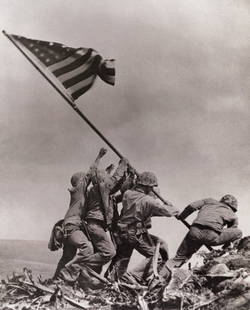 JOE ROSENTHAL - Raising the Flag, Iwo Jima, 1945: Artist: Joe Rosenthal Title: Raising the Flag on Mount Suribachi, Iwo Jima, February 23, 1945 Medium: Photo Litho, 1998, USA Dimensions: 5.95x7.4" Description: Heat Wax Mounted on 8.5x11" Conservation