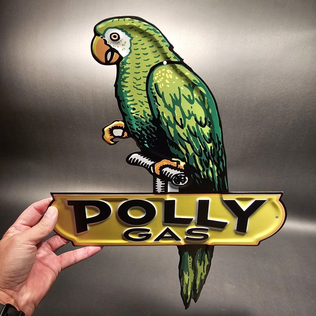 18" Old Style Metal Polly Gas Car Sign: 18" x 13 3/8" Wonderful reproduction Polly Gas plaque or sign. Good detail and color! Styled to look vintage. Certainly hard to tell its age. Reserve: $28.00 Shipping: Domestic: Flat-rate of $10.00 to