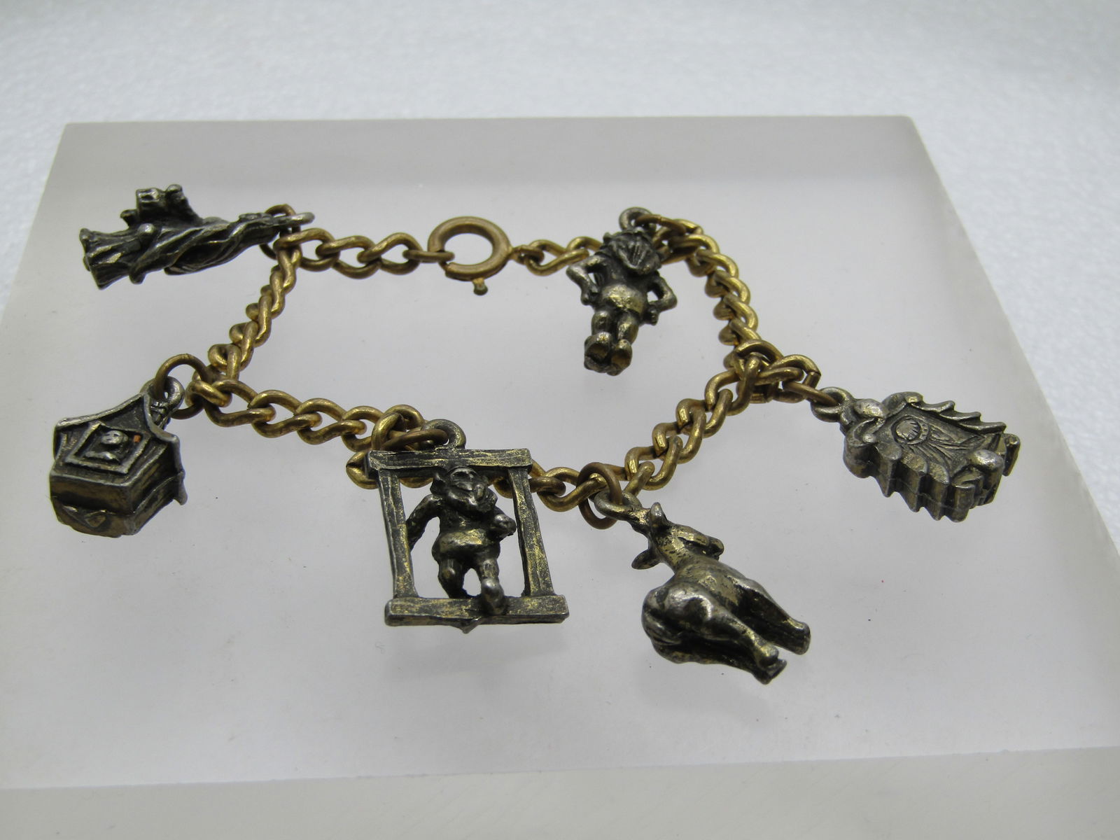 Vintage Charm Bracelet, Mid-Century, 7", Cuckoo Clock, vikings, donkey; framed woman, more (1 of 7)