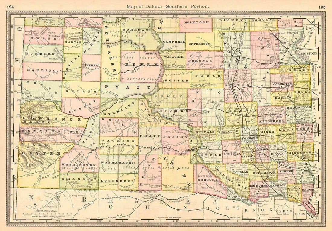Map of Dakota - Southern Portion.: Publication Date: 1885 Title: Map of Dakota - Southern Portion. Cartographer: RAND, MCNALLY & CO. Publisher: H.H. HARDESTY & CO. Height: 13 Width: 19.3 Ornamental border. 194-195. From scarce Hardesty