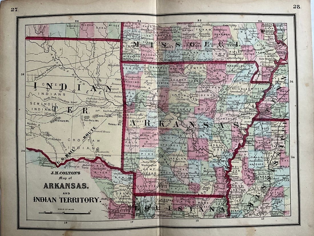 1865. Arkansas and Oklahoma by Colton: Title: 1865. Arkansas and Oklahoma by Colton Date/Period: 1865 Materials: Hand colored steel engraved Size: 12 x 9” Arkansas and Oklahoma (Indian territory). 1865. By J. H. Colton. New York. Han