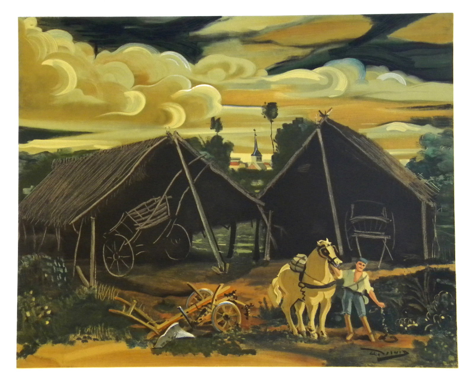 Andre Derain lithograph "Les deux hangars": Medium: lithograph (after the 1947 Andre Derain painting). Printed in Paris on Arches paper at the Mourlot studio in 1970 in an edition of 1000 for the Collection Pierre Lévy deluxe portfolio. Th