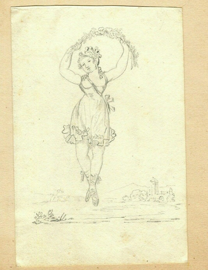 Antique Pencil Drawing 19th century of a Dancing Woman: Title: Antique Pencil Drawing 19th century of a Dancing Woman Description: Pencil on paper 16,5 x 10,5 cm stains, laminated ref: 8 Reserve: $40.00 Shipping: Domestic: Flat-rate
