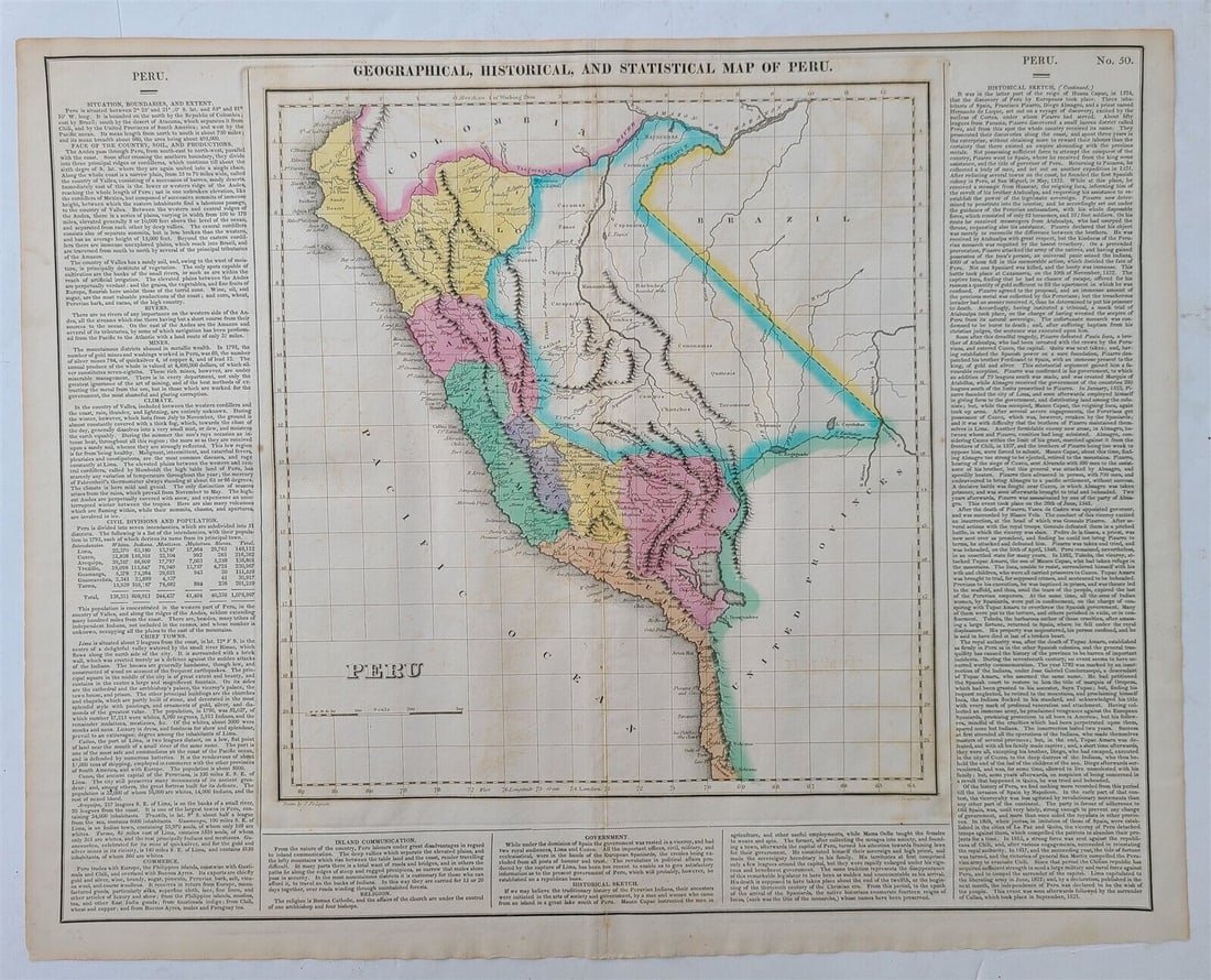 1822 MAP of PERU GEOGRAPHICAL STATISTICAL HISTORICAL antique 17.5x 22" (1 of 4)