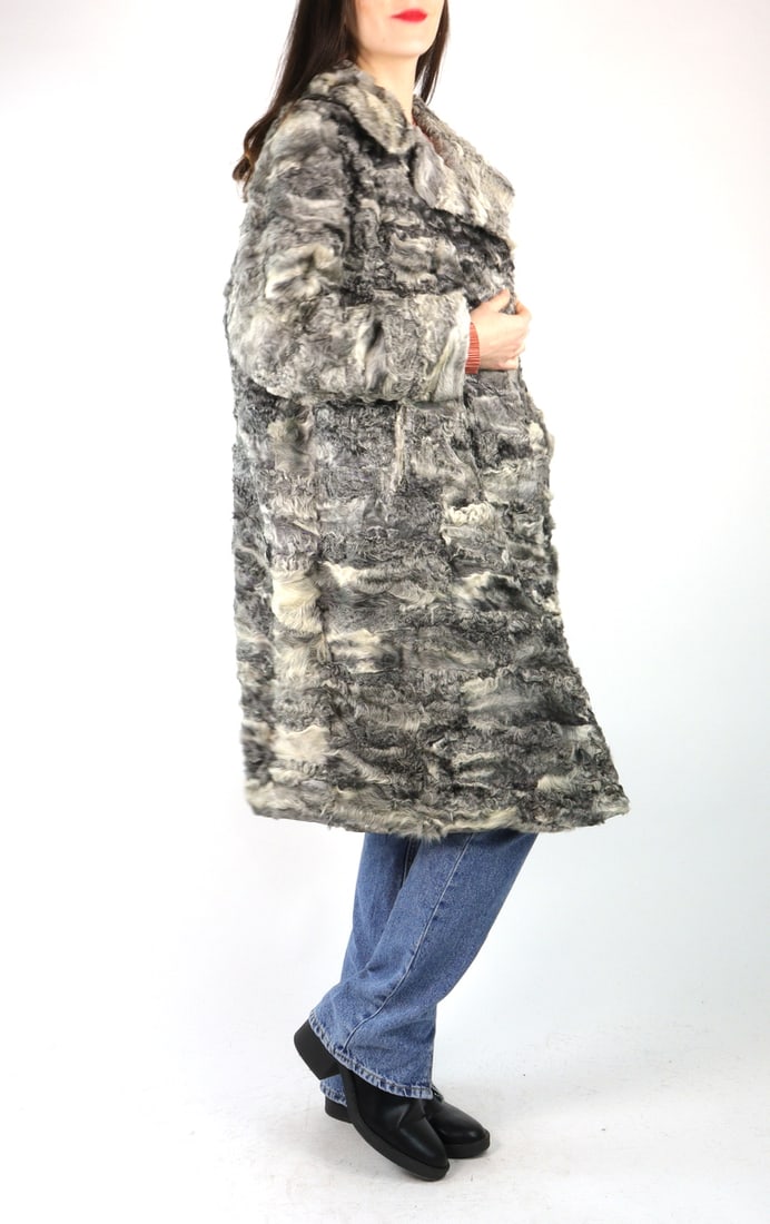 SILVER GREY PERSIAN LAMB CURLY FUR COAT EU: XL; US: 20 (1 of 9)