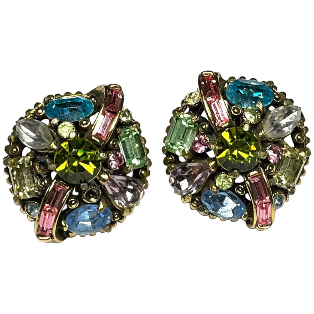 Vintage Hollycraft 1955 Pastel Rhinestone Earrings: Title: Vintage Hollycraft 1955 Pastel Rhinestone Earrings Description: Vintage Hollycraft 1955 Pastel Rhinestone EarringsGood Vintage Condition missing two tiny stones, no other noted flaws. Date/Peri