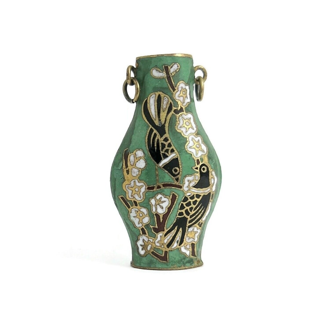 Vintage Green Enamel Brass Bird Chinese Vase Urn Cloisonné Pendant, 8.50 Gr (1 of 7)