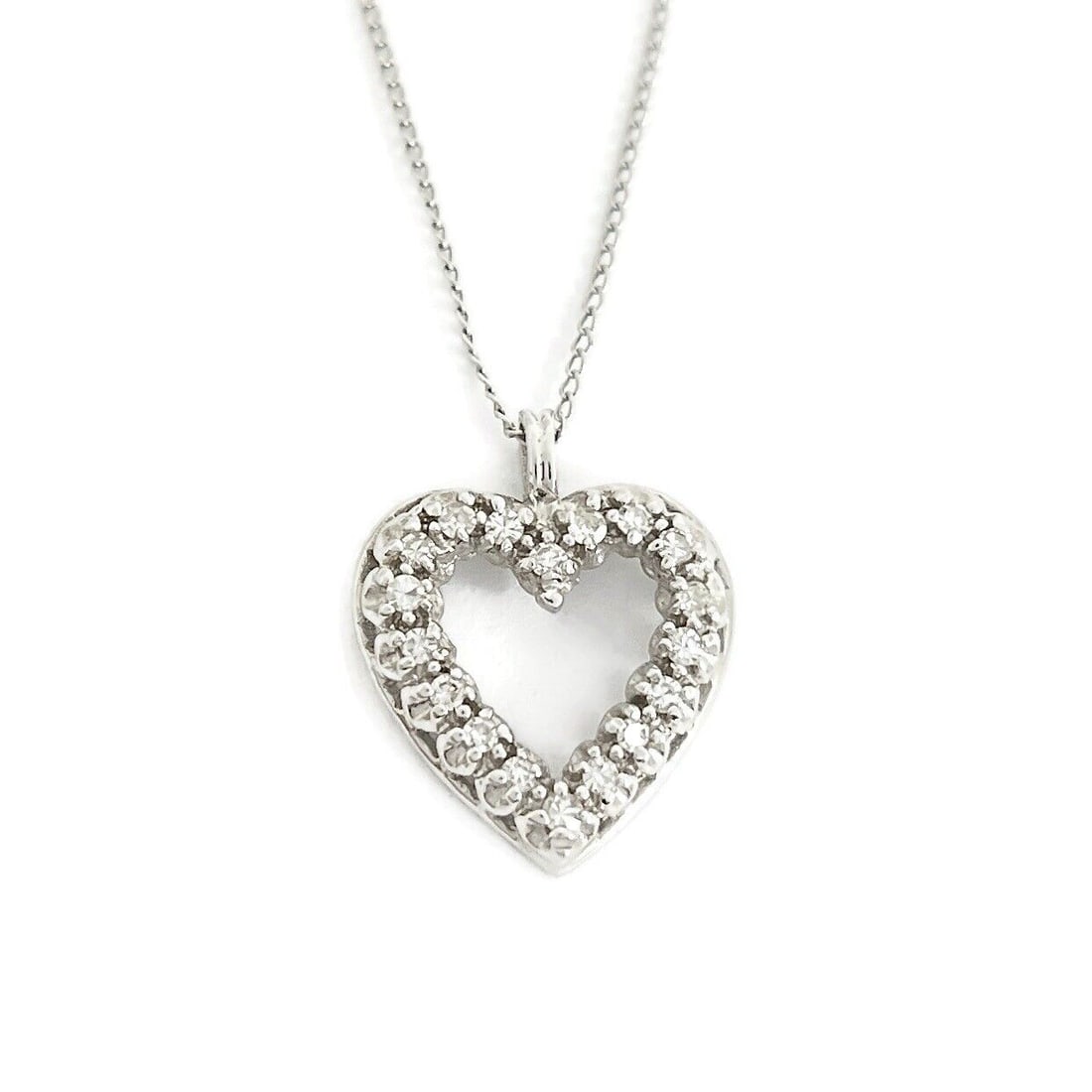 Vintage Open Heart Diamond Pendant Necklace 14K White Gold, 2.62 Grams (1 of 8)