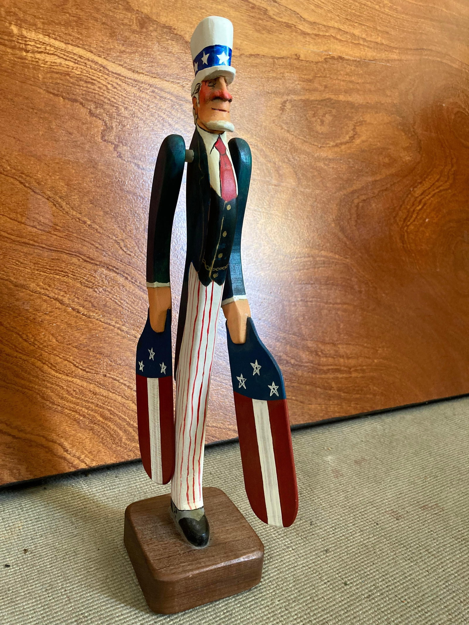 Whirligig, Moveable Arms (Artist in National Folk Art Museum & Smithsonian): About the Item A delightful hand-carved, one-of-a-kind hand-painted wooden folk art whirligig by Janice Fenimore, whose work is in the collections of both the National Folk Art Museum (New York) and t