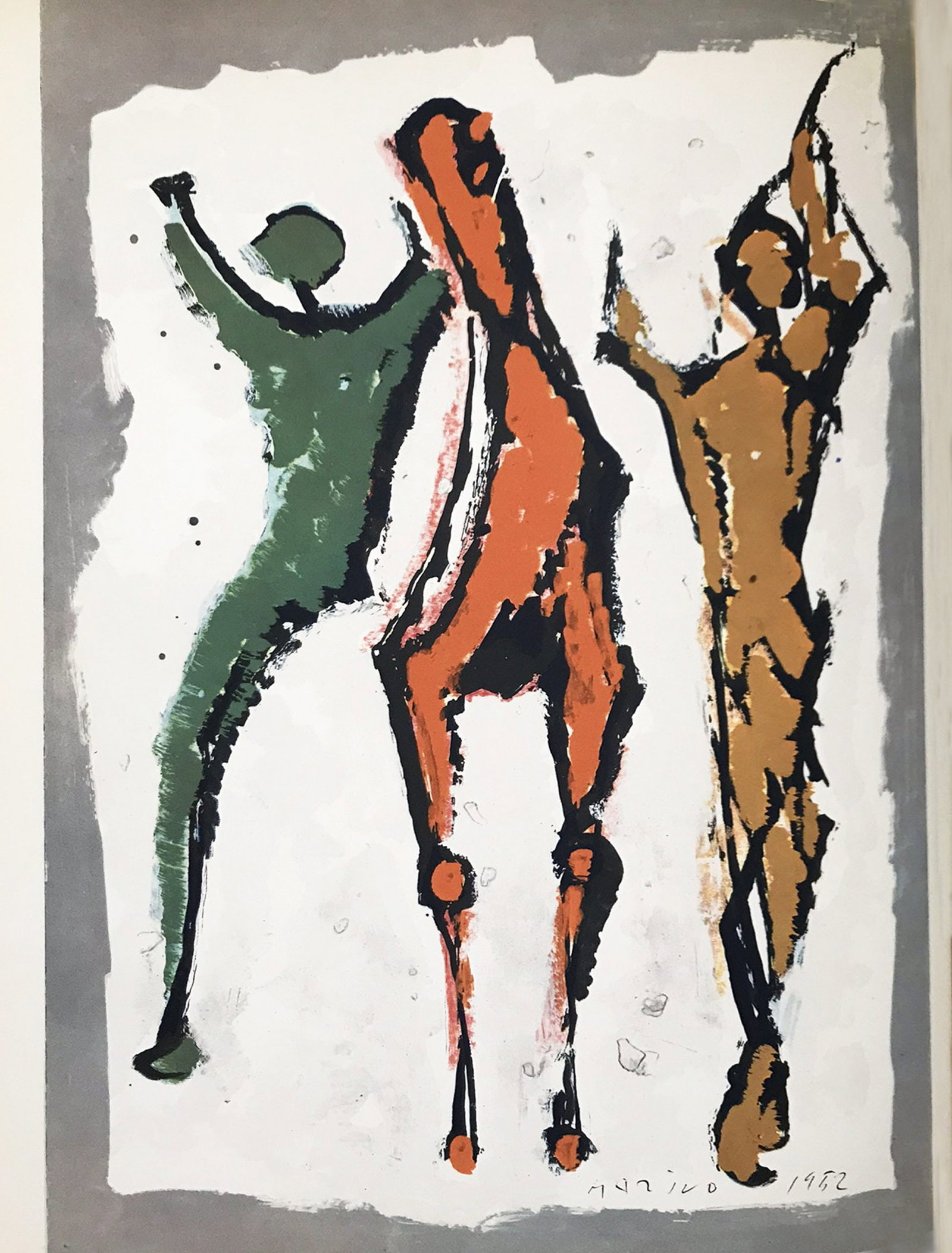 Marino Marini 3 Composition two acrobats with horse: Artist: Marino Marini Country: Italian Tite: Composition Two Acrobats with Horse Medium: Heliogravure, 3 Size: vellum paper 11.50 x 10.50 inch Printed: 1960 in Germany Provenance: Marini Book 1960 Con