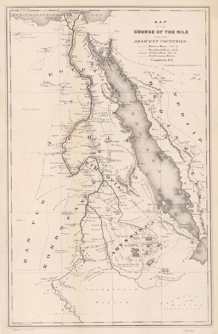 Map of the Course of the Nile and The Adjacent Countries: Publication Date: 1854 Title: Map of the Course of the Nile and The Adjacent Countries Cartographer: T., B. Publisher: G.P. PUTNAM & CO. Height: 14.8 Width: 9.5 """... compiled by B.T."" Lightly brown