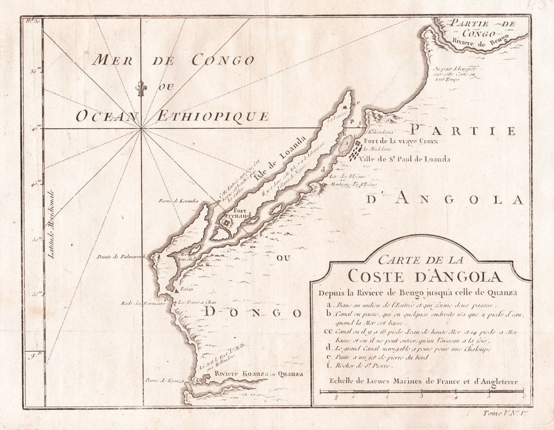 Bellin/Prevost: Coast of Angola and its capital, Luanda: Title/Content of Map: Bellin/Prevost: Coast of Angola and its capital, Luanda Date Printed: 1755, Paris Cartographer: Bellin/Prevost d'Exiles Size: 10 1/2" x 8" Bellin's detailed map of the Atlantic c