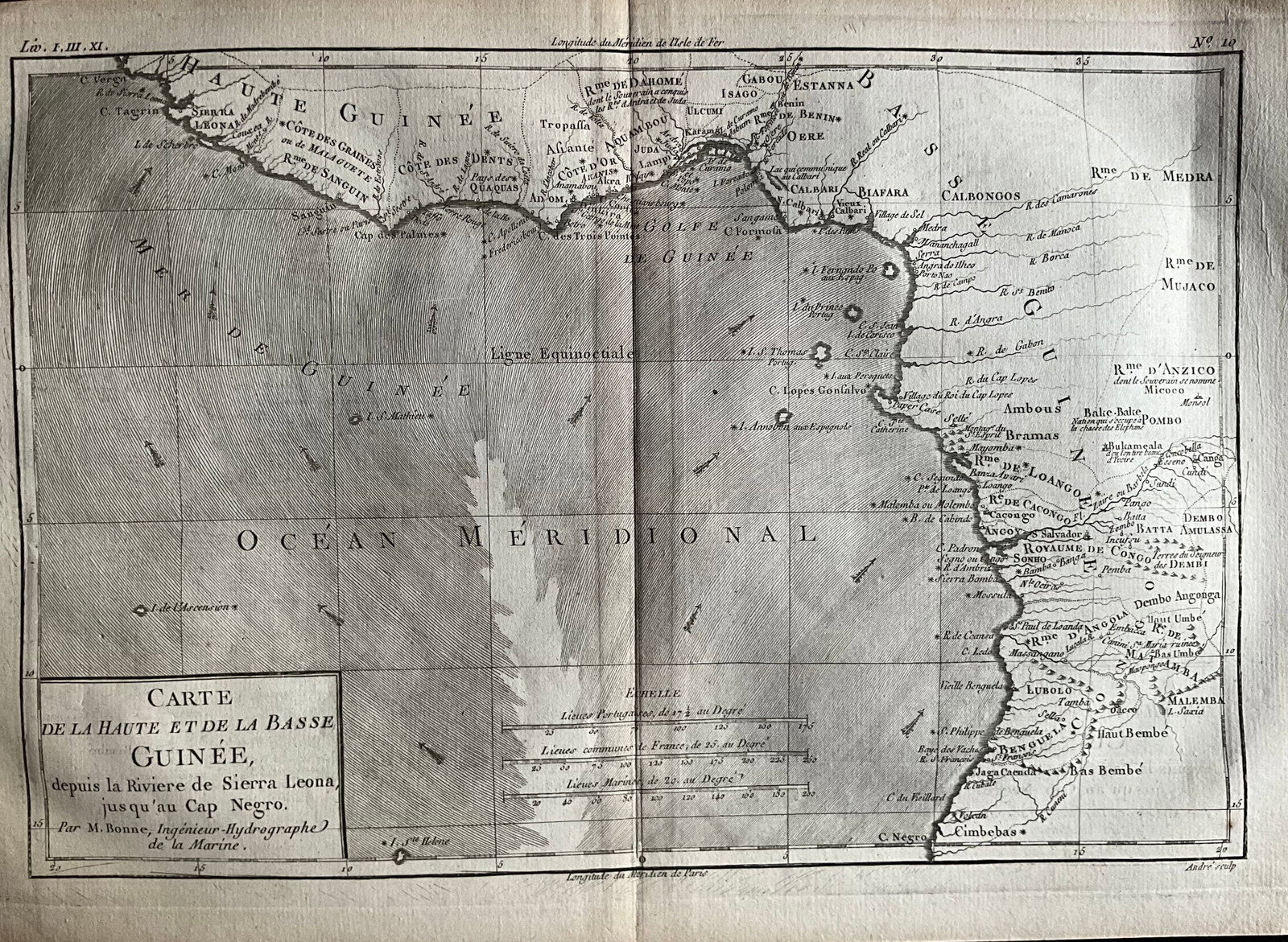 1775-1780 West Africa. Ocean currents. By Bonne & Raynal: This antique map, created by R. Bonne and Raynal between 1775 and 1780, focuses on West Africa and the coast of Guinea. It highlights ocean currents in the region. The map is part of "Histoire Philoso
