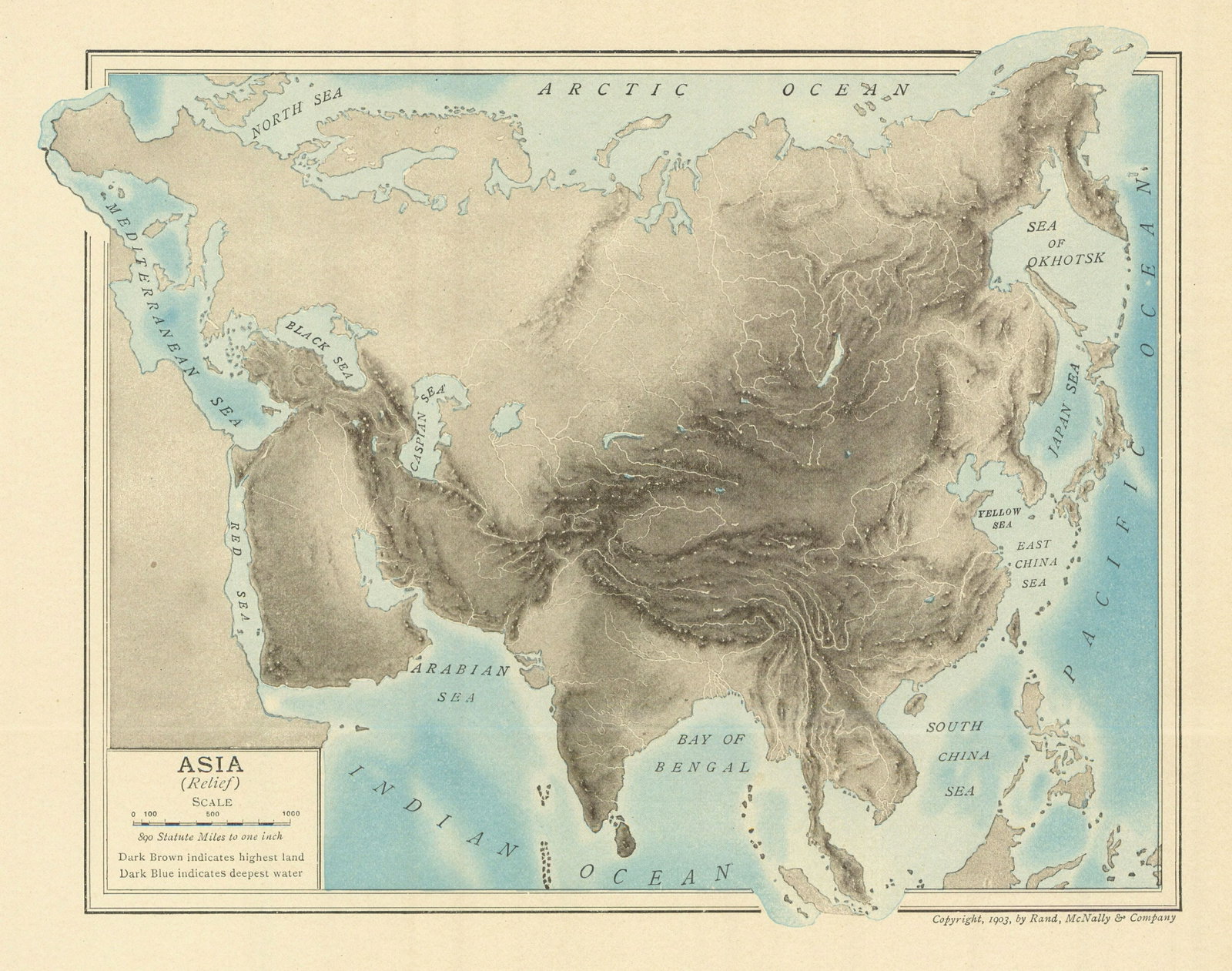 ASIA (Relief) 1907 old antique vintage map plan chart: CAPTION PRINTED BELOW PICTURE: 'ASIA (Relief)' DATE PRINTED: 1907 IMAGE SIZE: Approx 17.5 x 22.5cm, 7 x 8.75 inches (Medium) TYPE: Antique map CONDITION: Good; suitable for framing. Please check the s