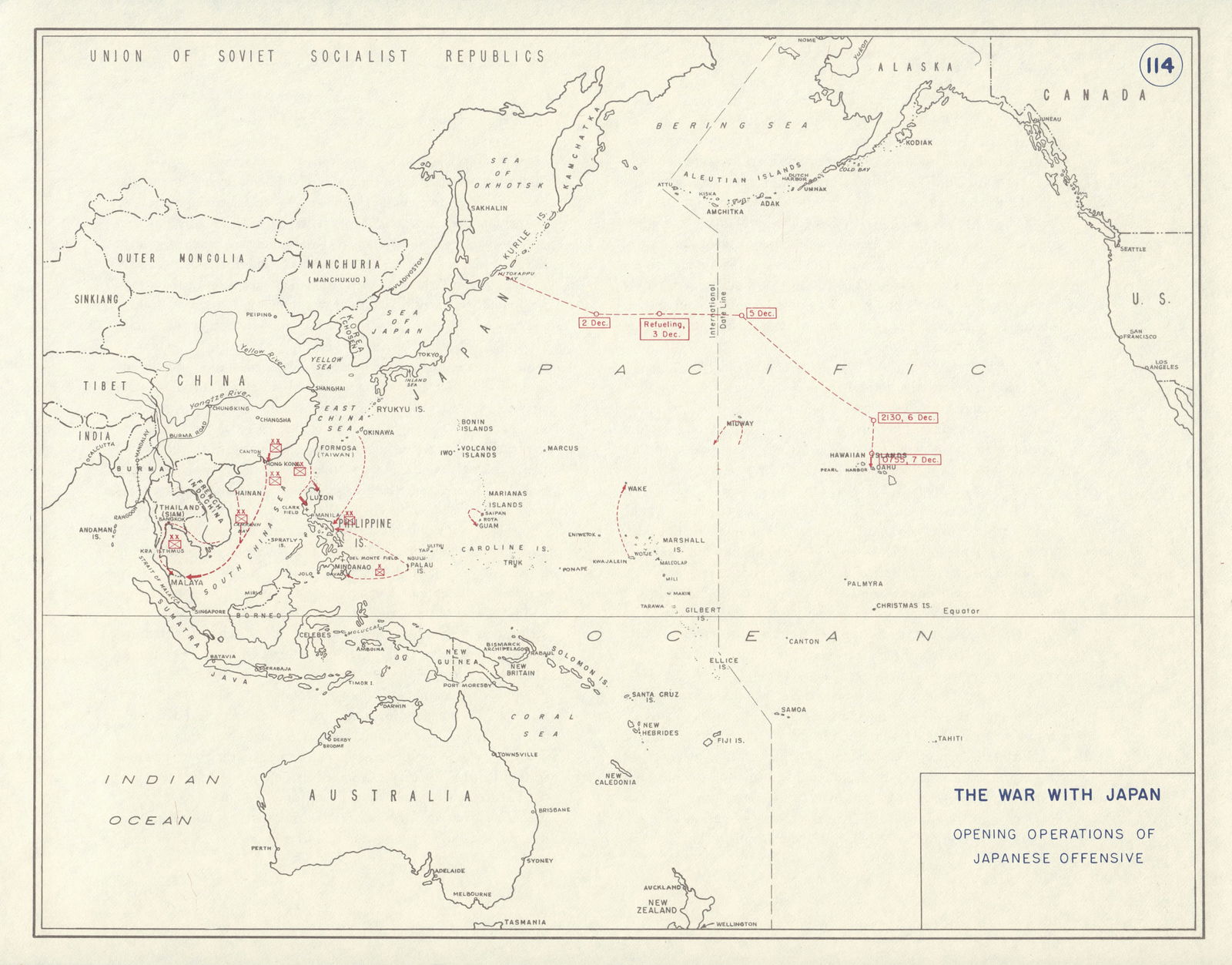 World War 2. Opening Japanese Offensive 1941. Pearl Harbor Malaya 1959 old map (1 of 1)