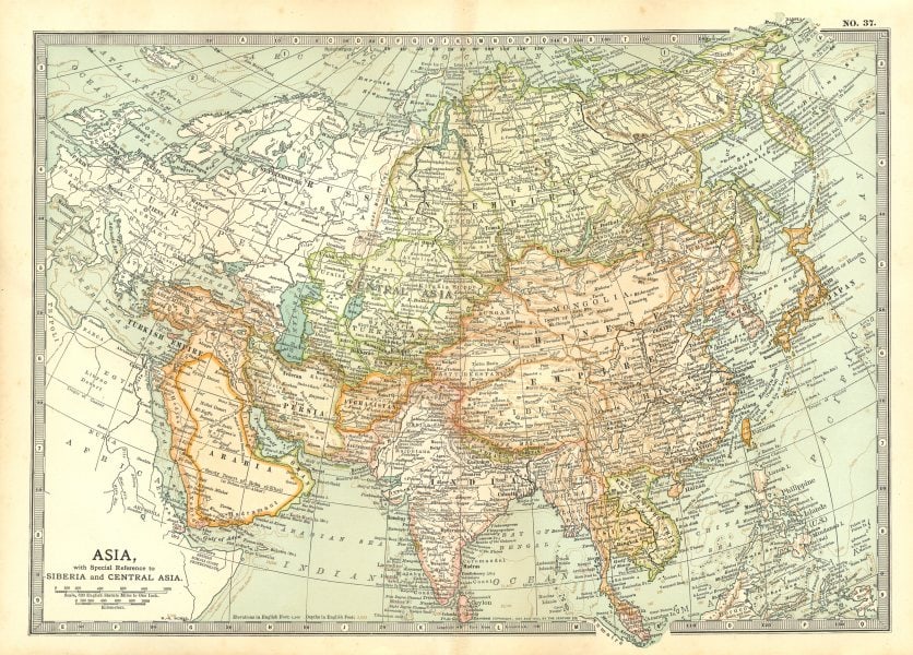 ASIA. Siberia Central China India Arabia Indochina Siam Japan Persia 1903 map (1 of 1)