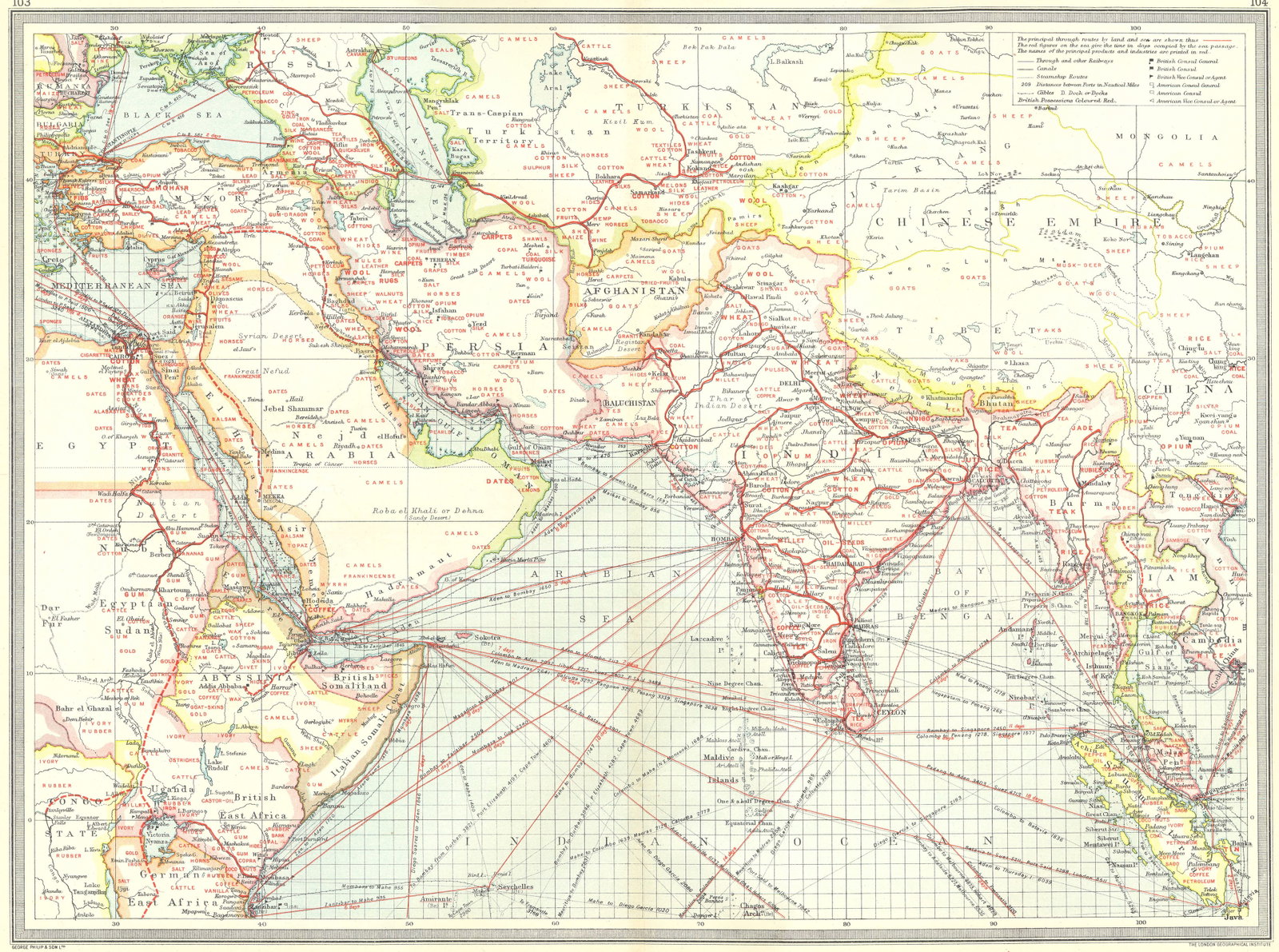 ASIA. The Near East. Industries and Communications 1907 old antique map chart: CAPTION PRINTED BELOW PICTURE: 'The Near East: Industries and Communications' DATE PRINTED: 1907 IMAGE SIZE: Approx 36.0 x 48.5cm, 14 x 19 inches (Large); Please note that this is a folding map. TYPE: