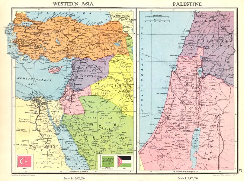 MIDDLE EAST. Turkey Transjordan Palestine Israel Syria Levant States 1938 map (1 of 1)
