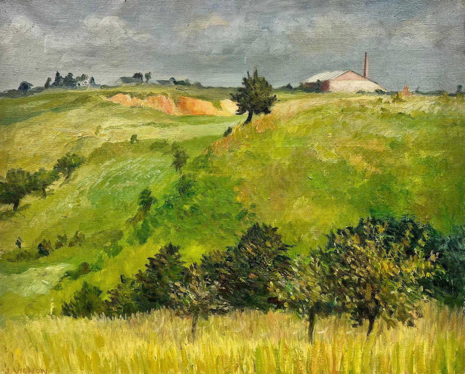 1950's French Post Impressionist Signed Oil Green Landscape & Fields 1960's (1 of 14)