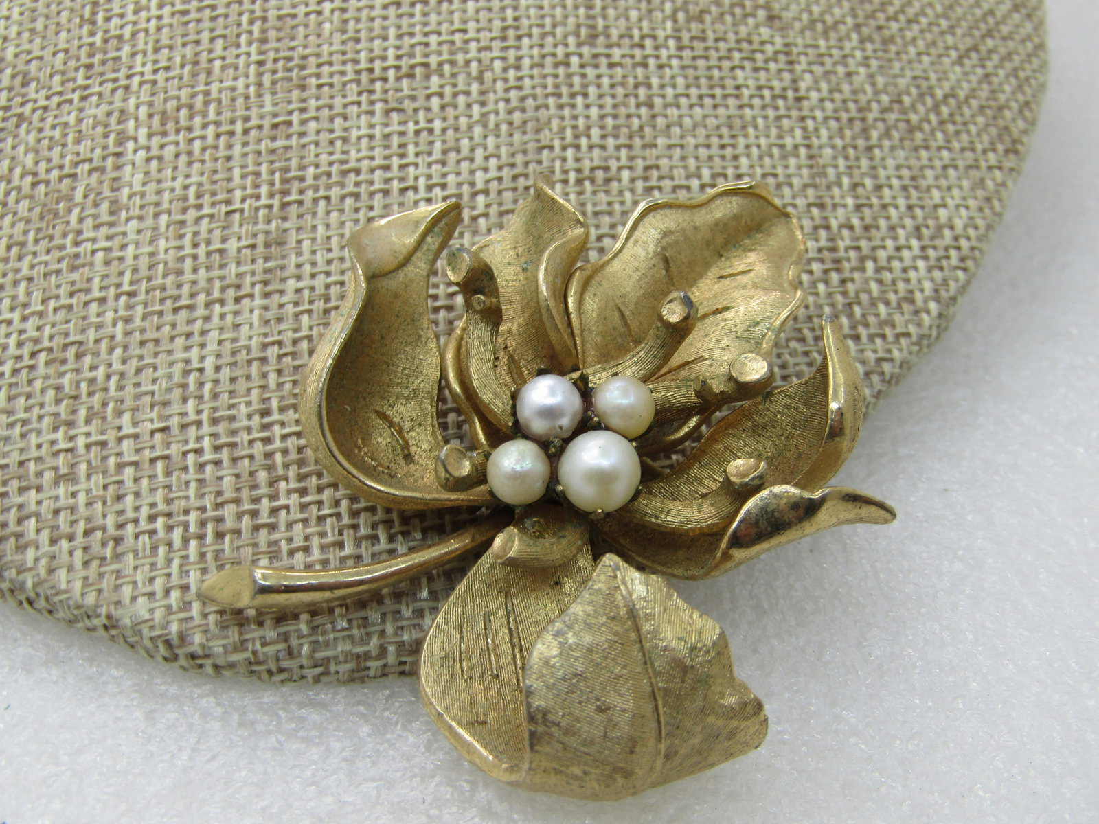Vintage Faux Pearl Leaf Brooch, Signed Francois, 1960's, 2.5" (1 of 6)