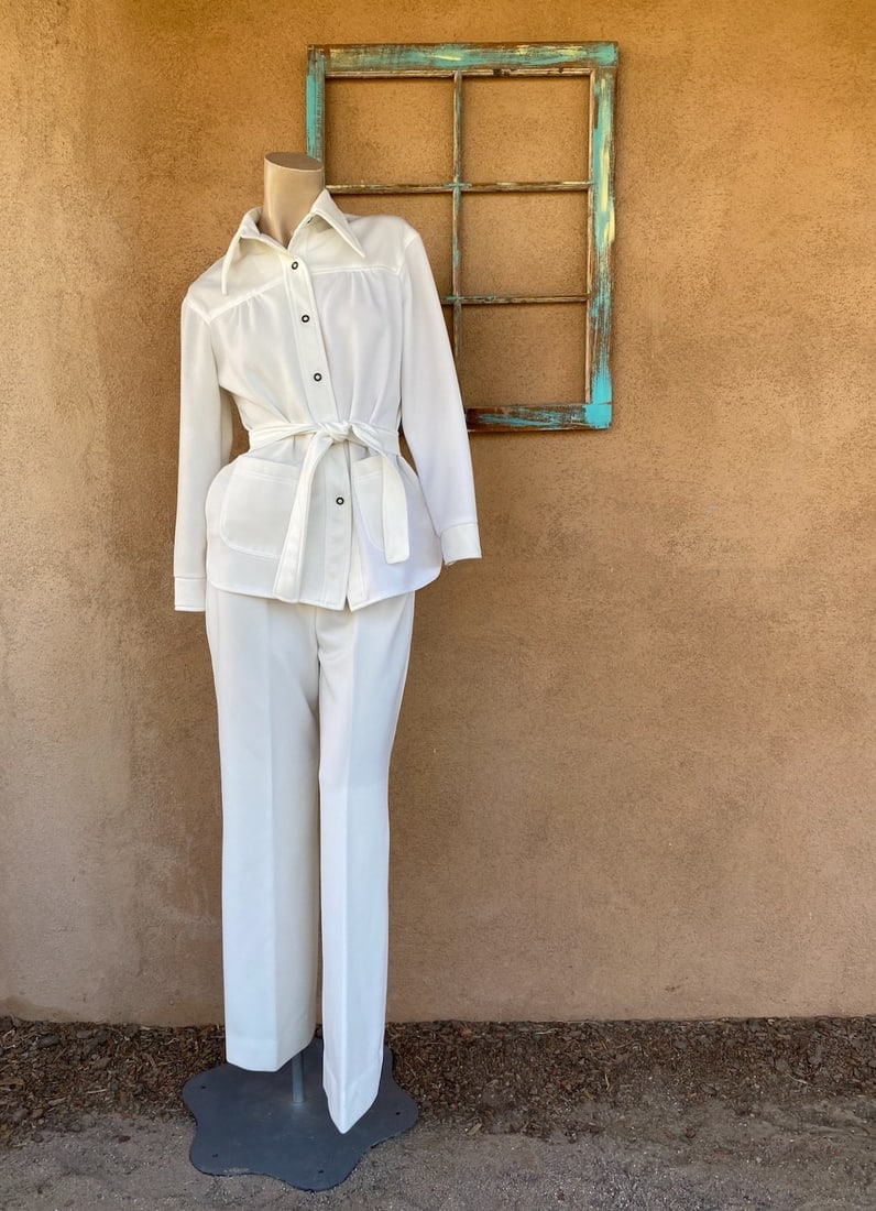 Vintage 1970s White Leisure Suit Pantsuit Jacket Bell Bottoms Sz S M 2 Pc (1 of 10)