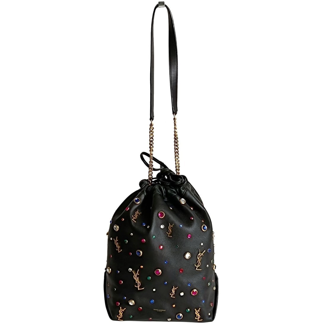 SAINT LAURENT Teddy Bucket shoulder bag in black leather with multicolored stones (1 of 8)