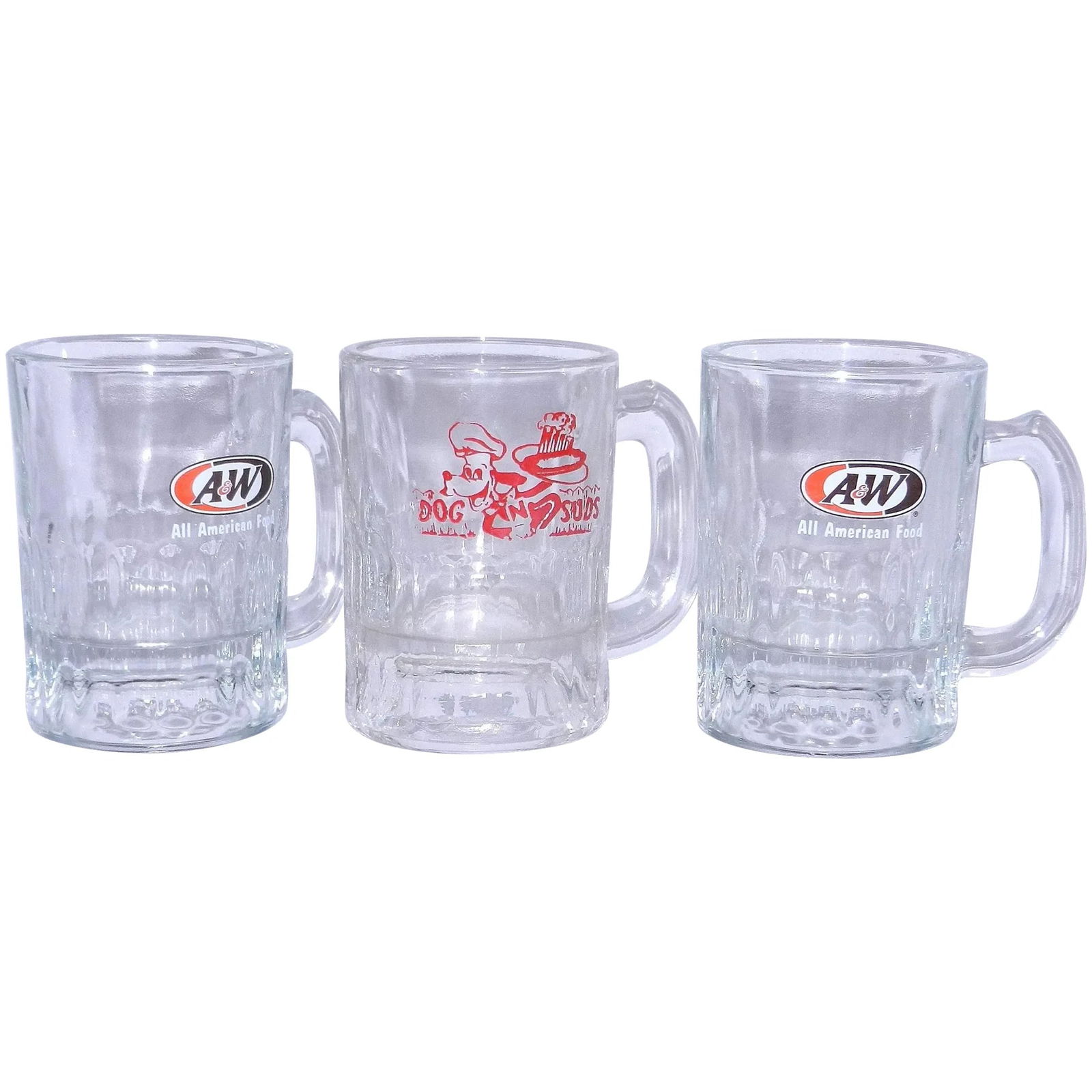 Vintage Mid-Century Dog N Suds & A & W Mini Root Beer Mugs: This Vintage Mid-Century Dog N Suds Mini Root Beer Mug is in excellent condition. The pyro is in perfect condition. It stands 3 ¼” tall and holds 4 oz. The logo dates this particular mug to