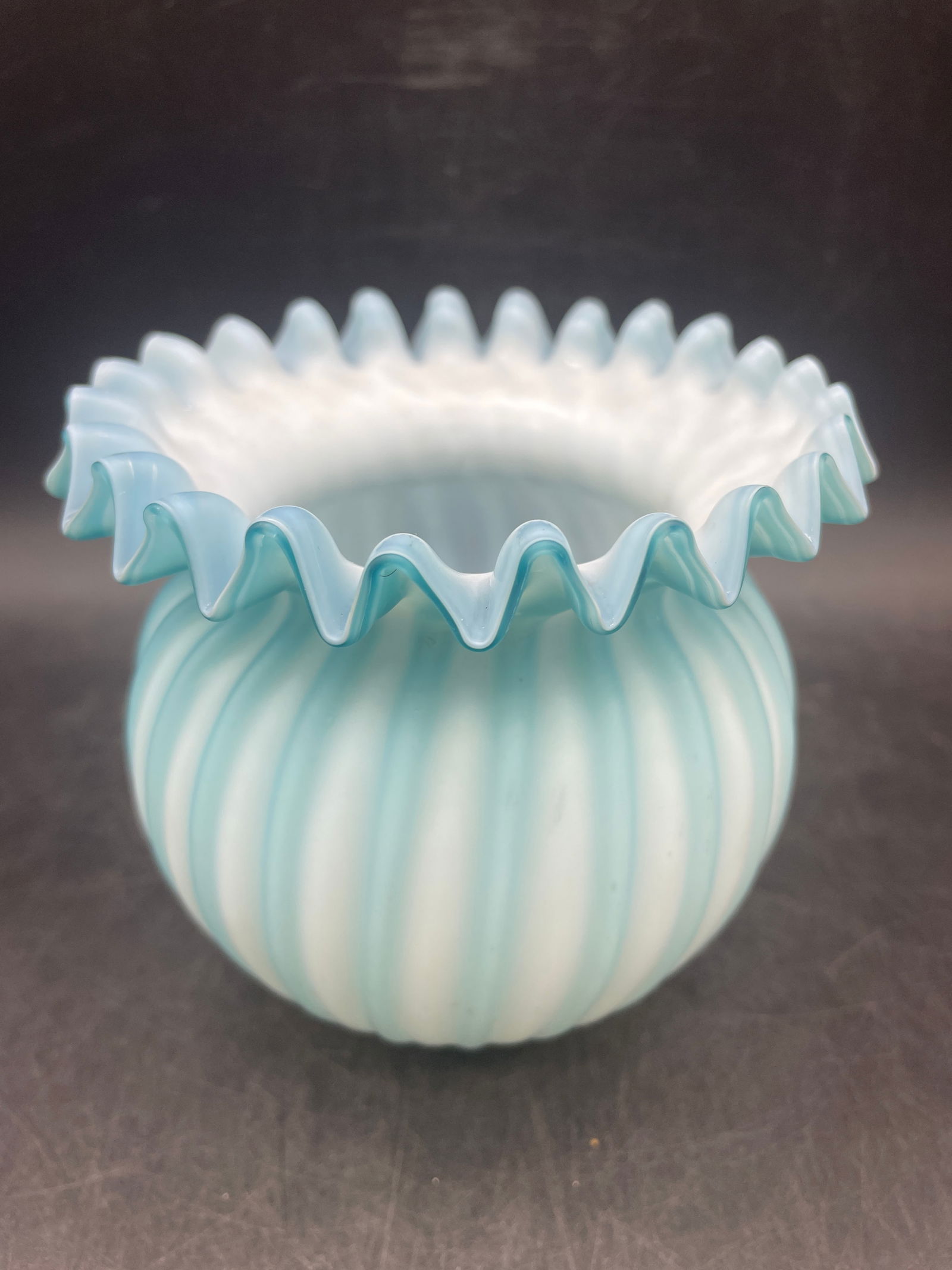 Fenton Glass Aqua Blue Overlay Ruffled Double Crimped Melon Squat Vase Vintage (1 of 8)