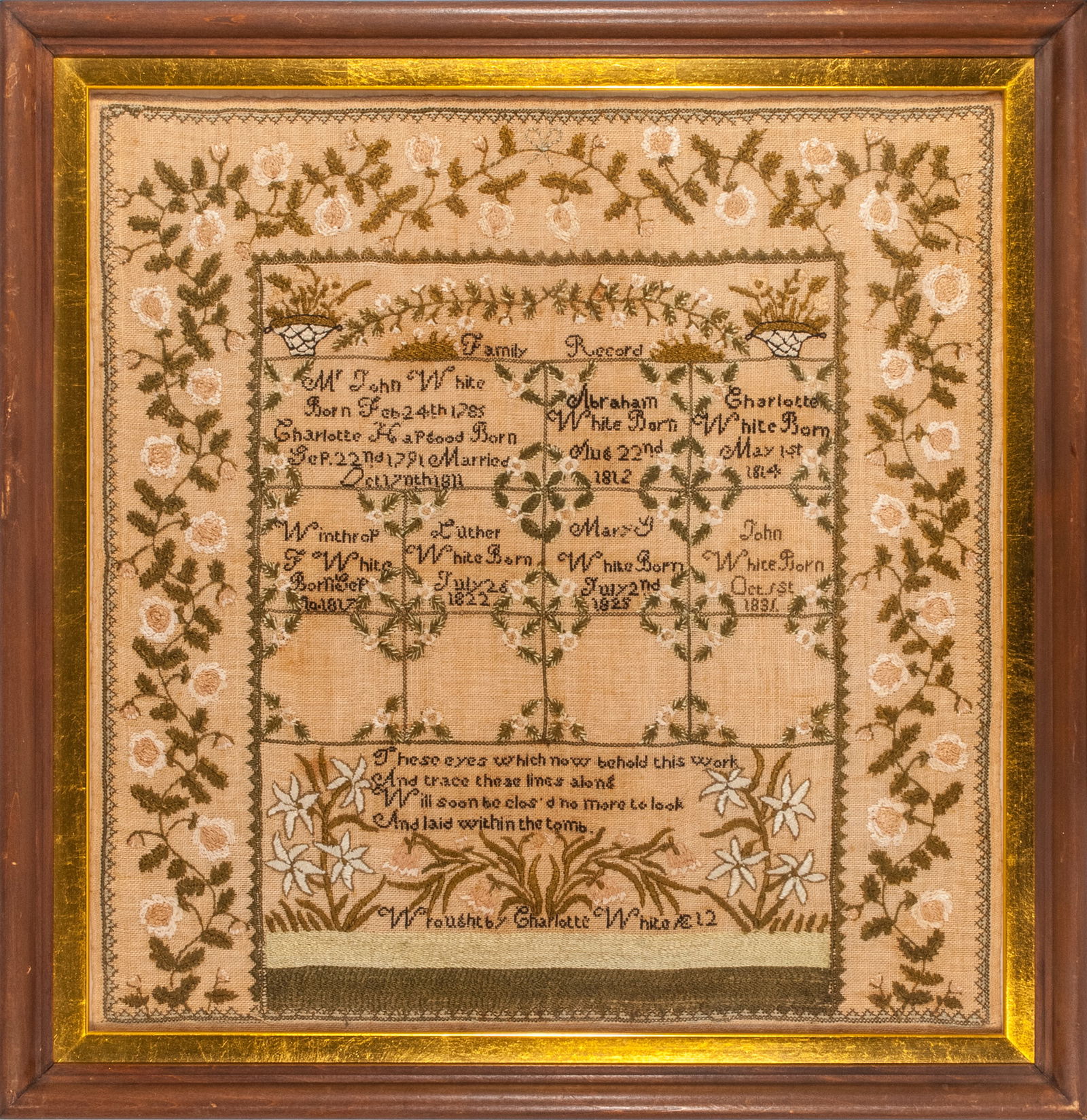 CHARLOTTE WHITE 1826, Acton, Massachusetts: Charlotte stitched a very unusual compartmentalized family record sampler which included her parents, Deacon John White and Charlotte Hapgood, births and marriage and the births of all their children.