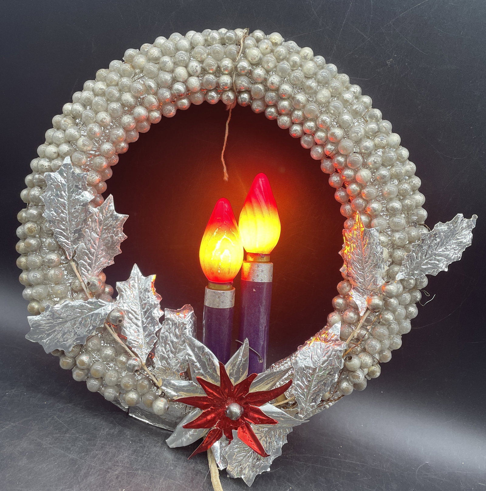 Vintage Foil and Pearl Lighted Wreath: Title: Vintage Foil and Pearl Lighted Wreath Date/Period: approx 1950's Dimension: approx 11" Materials: MIXED MATERIALS Provenance: Vintage Foil and Faux Pearl Lighted Wreath Shipping: Domestic: Flat
