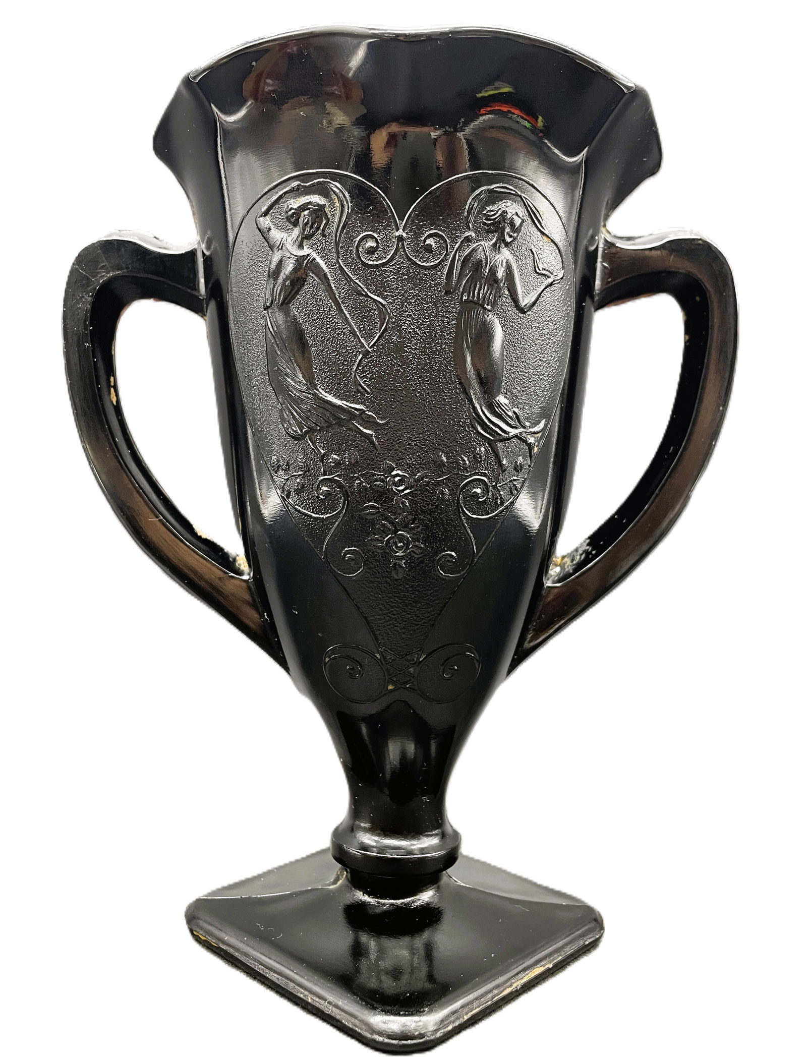 VTG ART DECO L.E. SMITH BLACK AMETHYST GLASS TROPHY VASE DANCING LADIES (1 of 8)