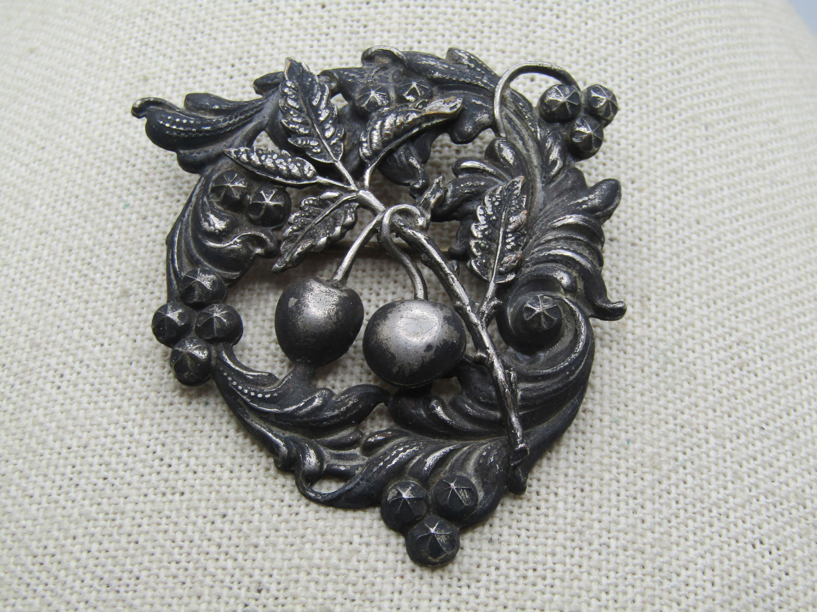 Antique Pressed Metal Cherries Wreath Brooch, Art Nouveau, 1920's, C-Clasp (1 of 7)
