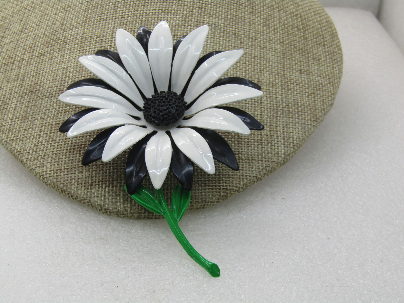 Vintage Black White Enameled Flower Brooch, Statement 4.5" Tall (1 of 5)